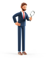3D illustration of cute smiling man looking through a magnifying glass and searching for information. Cartoon bearded exploring businessman holding a magnifier, isolated on white.