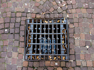 Cigarette butts stuck in a manhole cover