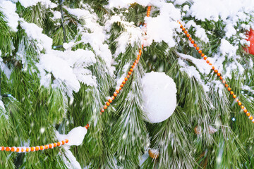 christmas or New Year decorations covered with snow on the street on the Christmas tree close view