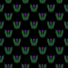 A repeating pattern of thistle, the symbol of Scotland, a sharp flower.