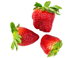 Strawberry. Organic juicy Strawberries fruit. Sweet fresh raw berries. Delicious healthy tasty snack. Isolated on a white background.