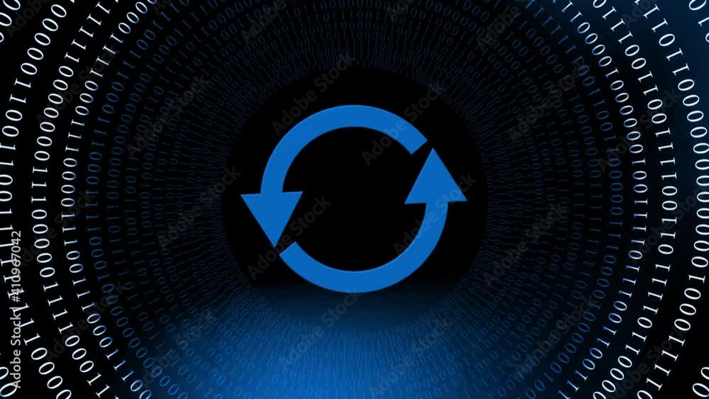 Poster abstract motion background - rotating update sign in pulsating rings of binary code in white over bl