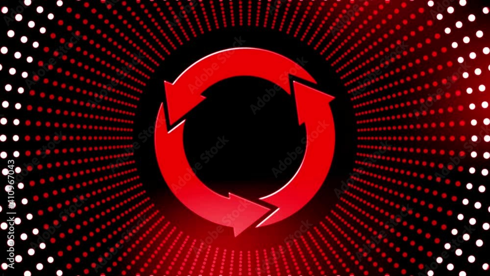 Poster abstract motion background in 4k - rotating update sign in pulsating rings of dots in white over red