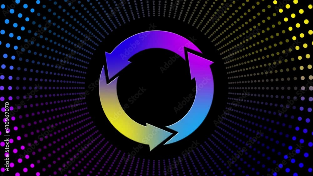 Poster abstract motion background in 4k - rotating update sign in pulsating rings of multicolor dots arrang