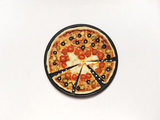 Pizza for Valentine's Day with red heart of cherry tomatoes, three slices . February 14 holiday concept