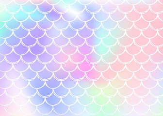 Gradient mermaid background with holographic scales.