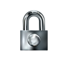 Naklejka na ściany i meble Padlock chrome or metal, realistic closed lock icon isolated on white background. Security 3d Design. Template for protection privacy, web and mobile apps, logo. Vector illustration.