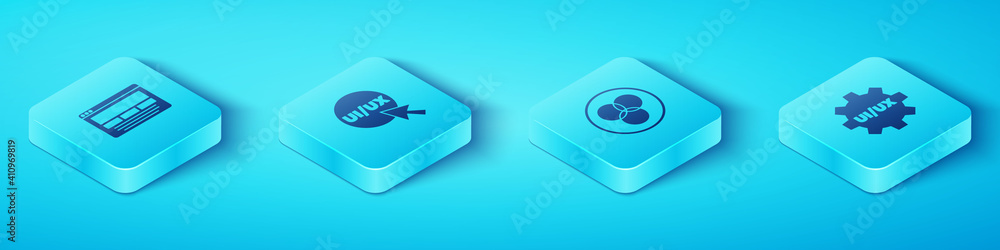 Poster set isometric ui or ux design, , and rgb and cmyk color mixing icon. vector.