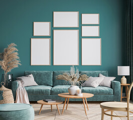 Home interior design with green sofa, wooden table and trendy decoration in green living room, gallery wall, frame mock-up, 3d render