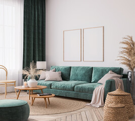 Home interior design with green sofa, wooden table and trendy decoration in white living room, frame mock-up, 3d render