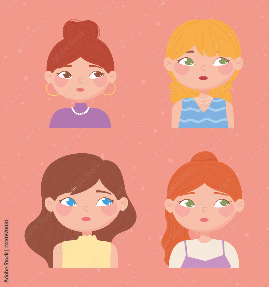 Poster portrait women cartoon character set