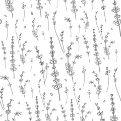 Black and white seamless lavender pattern on white. Lavender lineart minimal. Provence pattern