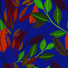 Fototapeta na wymiar Botanical seamless pattern with leaves. Bright summer or spring print for any purposes. Colorful hand drawn illustration. Vintage natural pattern. Organic background. 