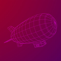 Airship dirigible airway travel transport. Air ship with gondola cabin. Wireframe low poly mesh vector illustration.