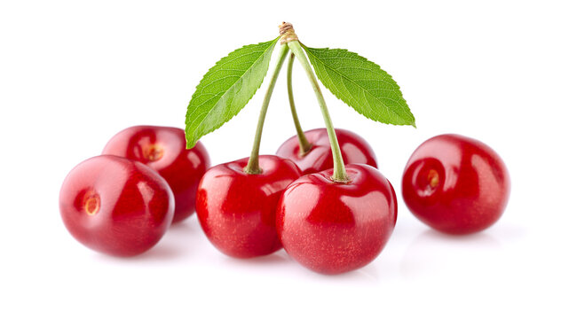 Cherry with leaves on white background