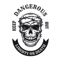 Dangerous zone tattoo design. Monochrome element with skull and barbed wire vector illustration with text. Danger or defense concept for emblems and labels templates