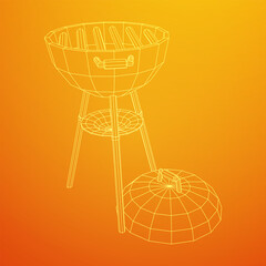 Round barbecue grill. Outdoor bbq party. Wireframe low poly mesh vector illustration