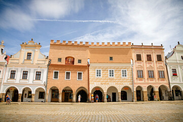 Picturesque view of main town square Zachariase z Hradce with renaissance and baroque colorful historical buildings, Romantic houses with arches on sunny day, Telc, Czech Republic