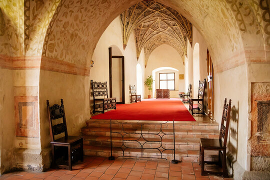 Castle interior, Baroque and renaissance furniture, Rib vault or gothic gilded ribbed vault, wooden carved benches, chateau rebuilding of original Gothic castle, Telc, Czech Republic