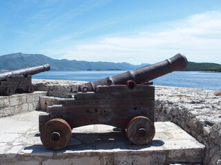 Medieval cannons on the bank promenade of Korcula, Croatia