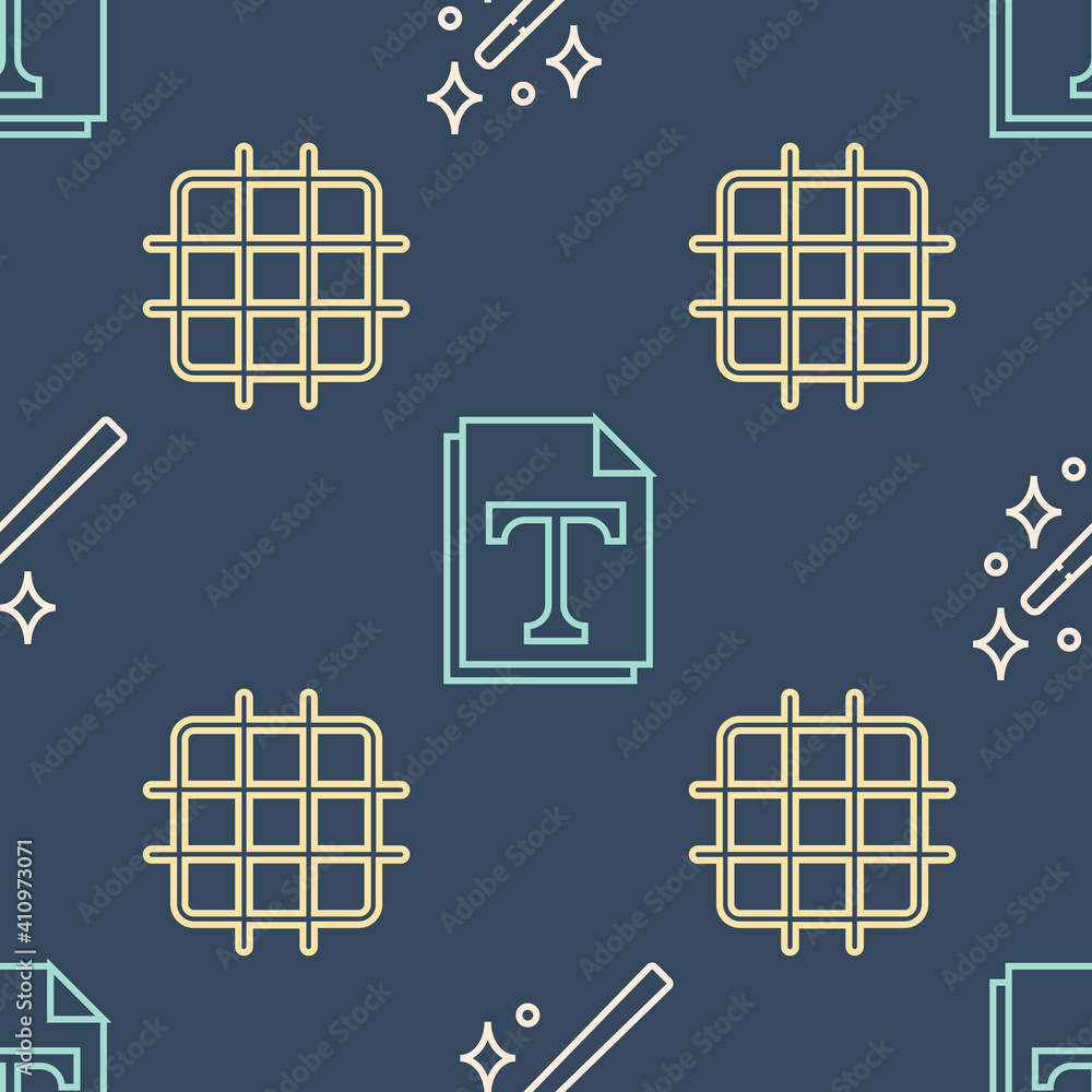 Poster set line magic wand, grid graph paper and text file document on seamless pattern. vector.