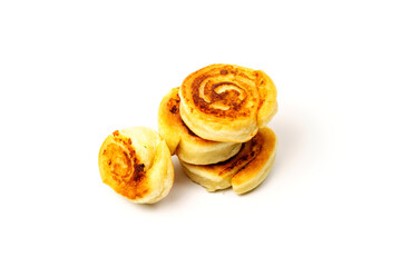 Top view of fried potato curls isolated on white