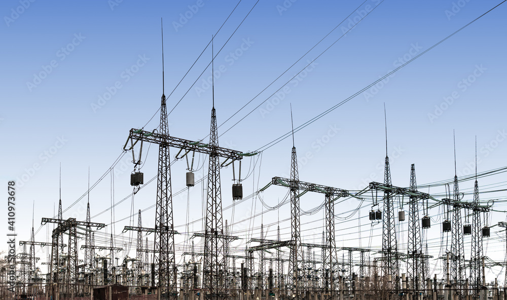 Wall mural power line pylons and transformers in the daytime. distribution, transmission and consumption of ele