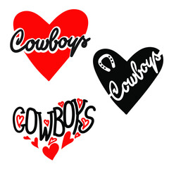 Cowboy Country love heart for cards or symbol Valentins day. Vector set love hearts with cowboy text illustration isolated on white background for design.