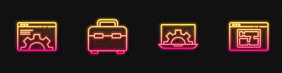 Set line Laptop and gear, Browser setting, Toolbox and House plan. Glowing neon icon. Vector.