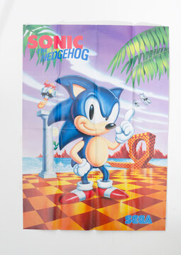 london, uk, 05.05.2020 Vintage Original Sonic The Hedgehog Poster Sega Megadrive 1990s. Promotional poster for the sega megadrive. vintage retro video games.