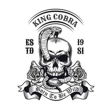 Retro emblem with king cobra appearing from skull. Monochrome design elements with human skull, snake and roses. Gothic or horror concept for label, stamp, tattoo template