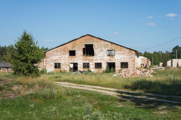 Fototapeta na wymiar Ruins of an old farm among bushes and trees