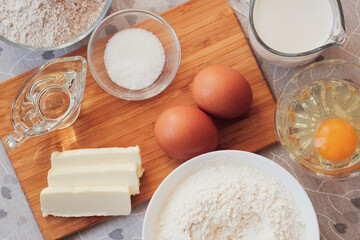 Ingredients for homemade pancakes. Breakfast for someone special concept. Top view, closeup