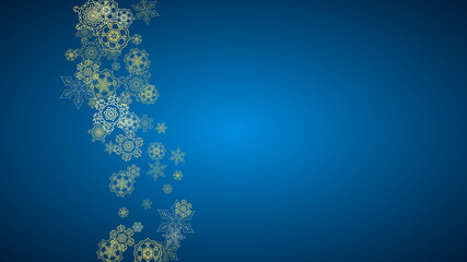 New Year snow on blue background. Gold glitter snowflakes. Christmas and New Year snow falling backdrop. For season sales, special offers, banner, cards, party invite, flyer. Horizontal frosty winter.