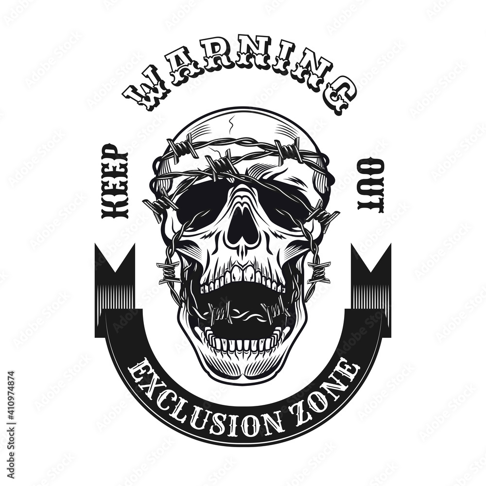 Poster execution zone tattoo design. monochrome element with skull and barbed wire vector illustration with