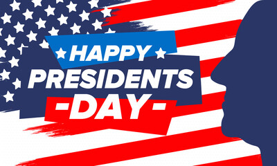Happy Presidents day in United States. Washington's Birthday. Federal holiday in America. Celebrated in February. Patriotic american elements. Poster, banner and background. Vector illustration