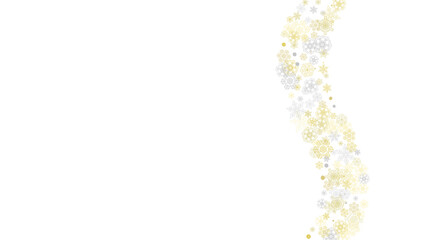 Gold snowflakes frame on black background. New year theme. Horizontal shiny Christmas frame for holiday banner, card, sale, special offer. Falling snow with gold snowflake and glitter for party invite