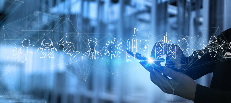 Medicine doctor hand touching icon medical vaccine icon with modern smart phone interface, medical technology network concept