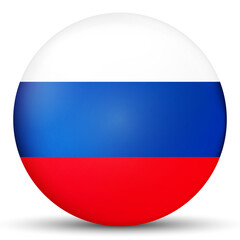 Glass light ball with flag of Russia. Round sphere, template icon. Russian national symbol. Glossy realistic ball, 3D abstract vector illustration highlighted on a white background. Big bubble.