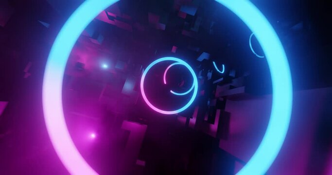 Neon Cyber City Race loop. Flyby inside a huge abstract dark city in the night with neon lighting and lens flares. Perfect for VJs loops, Backgrounds, Projections, Nightclubs, LED. 3D render, 4K loop