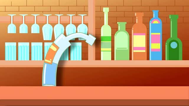 Animation with painted wine bottles and glasses on the background of the bar. Looped multicolored high quality 4K cartoon with dancing objects.
