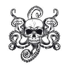 Skull with tentacles tattoo design. Monochrome element with octopus in pirate dead head vector illustration. Sea life concept for symbols and emblems templates © Bro Vector