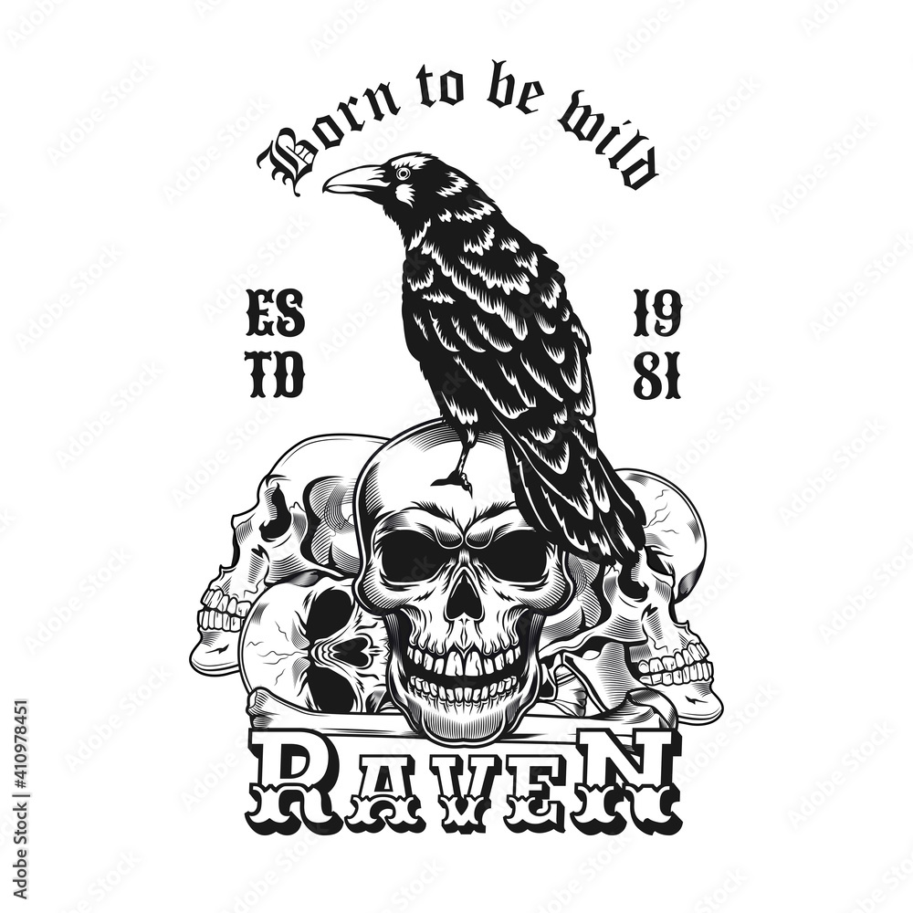 Poster raven label design. monochrome element with wild crow on heap of skulls vector illustration with tex