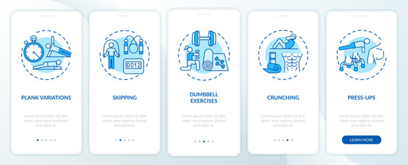 At-home workouts onboarding mobile app page screen with concepts. Plank, skipping, crunching walkthrough 5 steps graphic instructions. UI vector template with RGB color illustrations