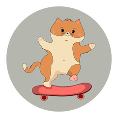 Ginger cat rides a skateboard. Vector image, sticker, funny print. Background isolated.