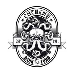 Black and white emblem with Cthulhu head vector illustration. Vintage sign or sticker with ancient myth creature or octopus. Horror and mythology concept can be used for poster and badge