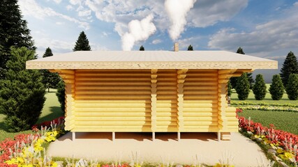 wooden bath, a little cottage, tiny house out of a log. Color photorealistic illustrated picture for advertising materials of the construction business