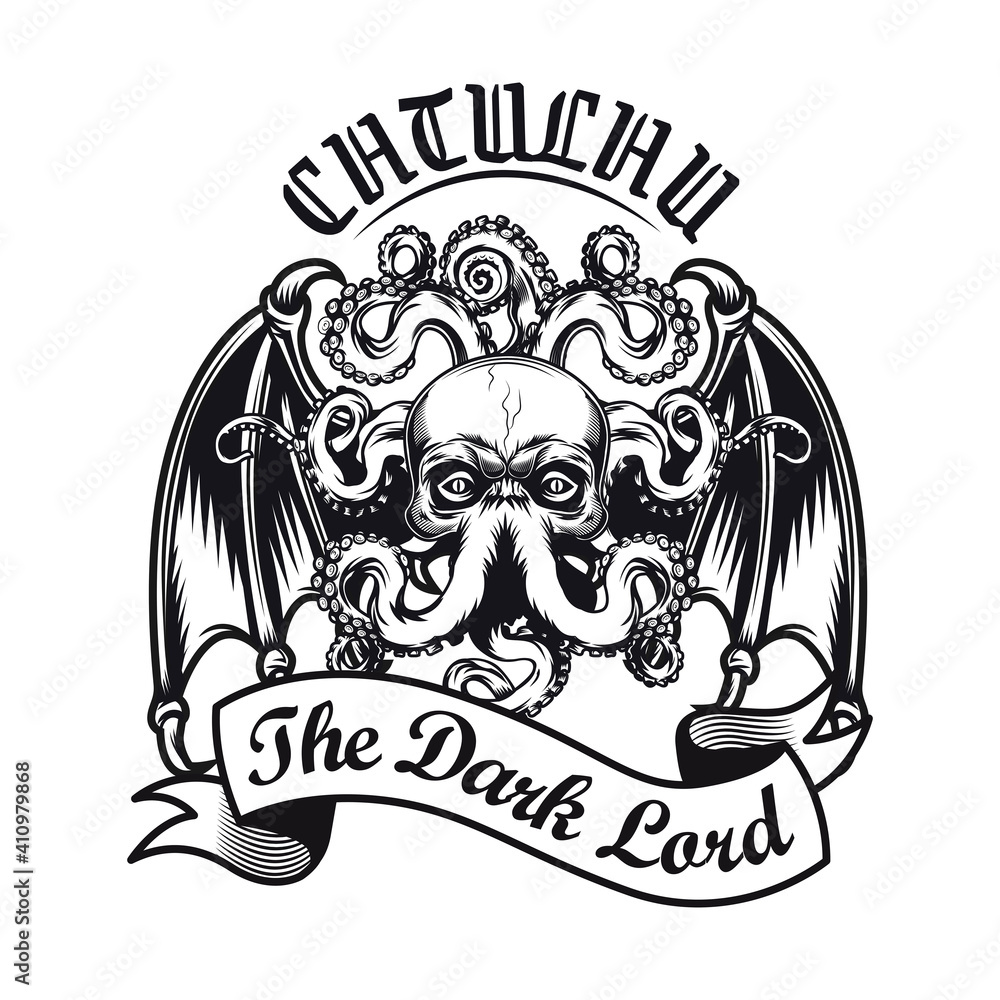 Poster retro emblem with cthulhu head vector illustration. black sign or sticker with octopus creature havi