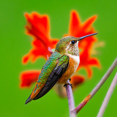 Fototapeta premium Rufous Hummingbird standing on branch framed by crocosmia flowers in summer with a perfect green background