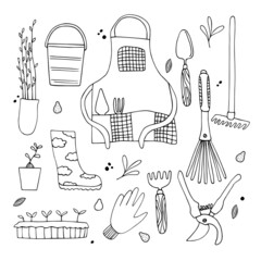 A set of different items for working in the garden. Gardener's apron, seedlings, gloves, gardening tools. Vector clipart. Spring time. Hand-drawn in doodle style